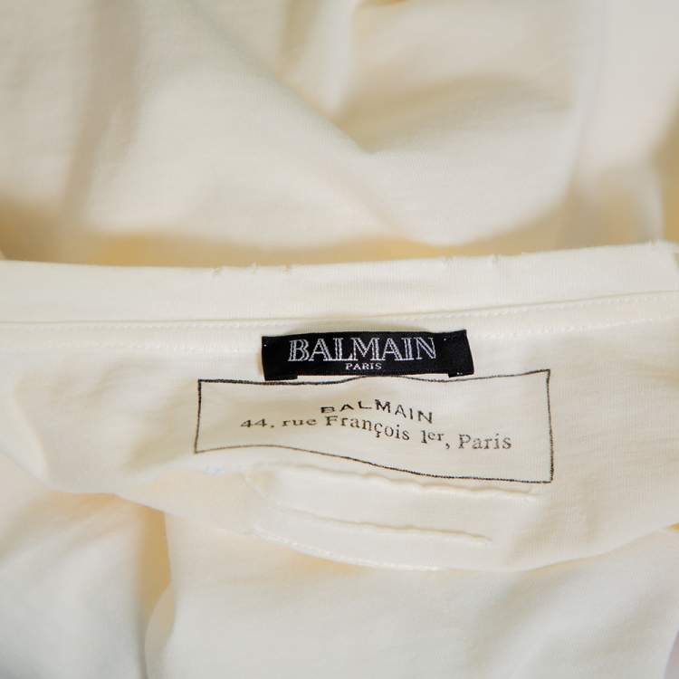 Pre Owned Balmain Cream Cotton Distressed Crewneck T-Shirt S   