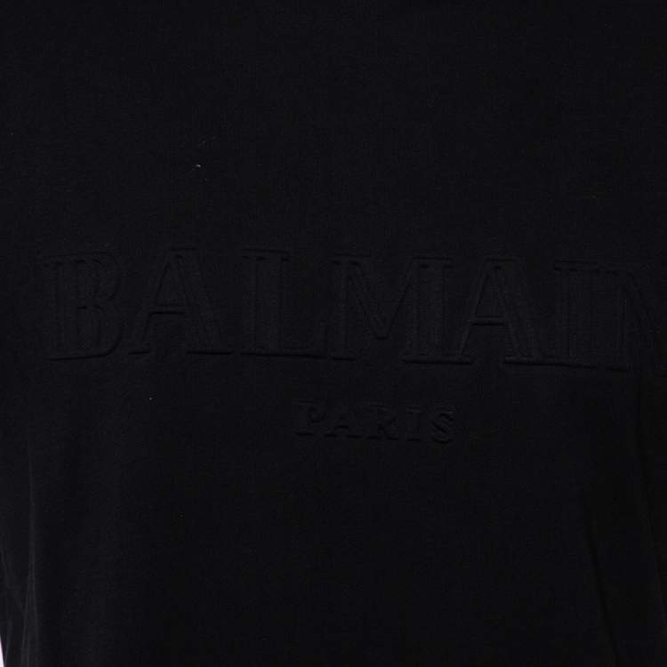 Pre Owned Balmain Black Logo Embossed Cotton Knit Crewneck T-Shirt L