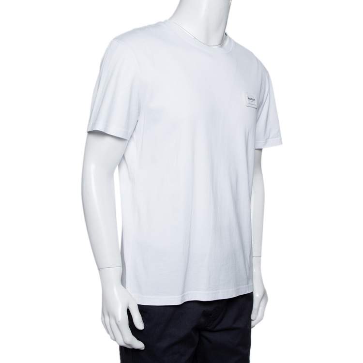 Pre Owned Balmain White Cotton Logo Patch Detail Crewneck T-Shirt L