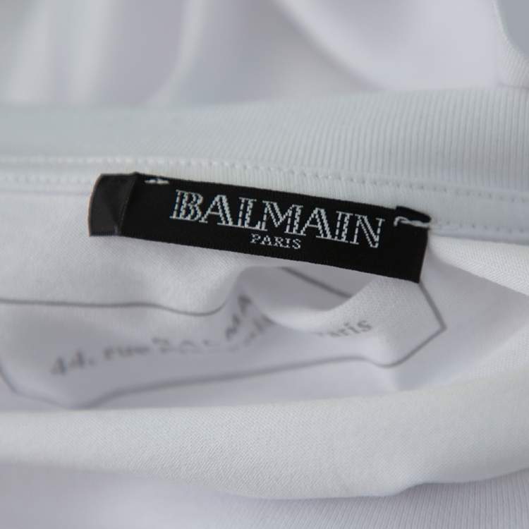 Pre Owned Balmain White Cotton Logo Patch Detail Crewneck T-Shirt L