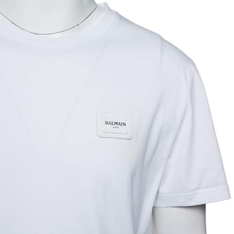 Pre Owned Balmain White Cotton Logo Patch Detail Crewneck T-Shirt L