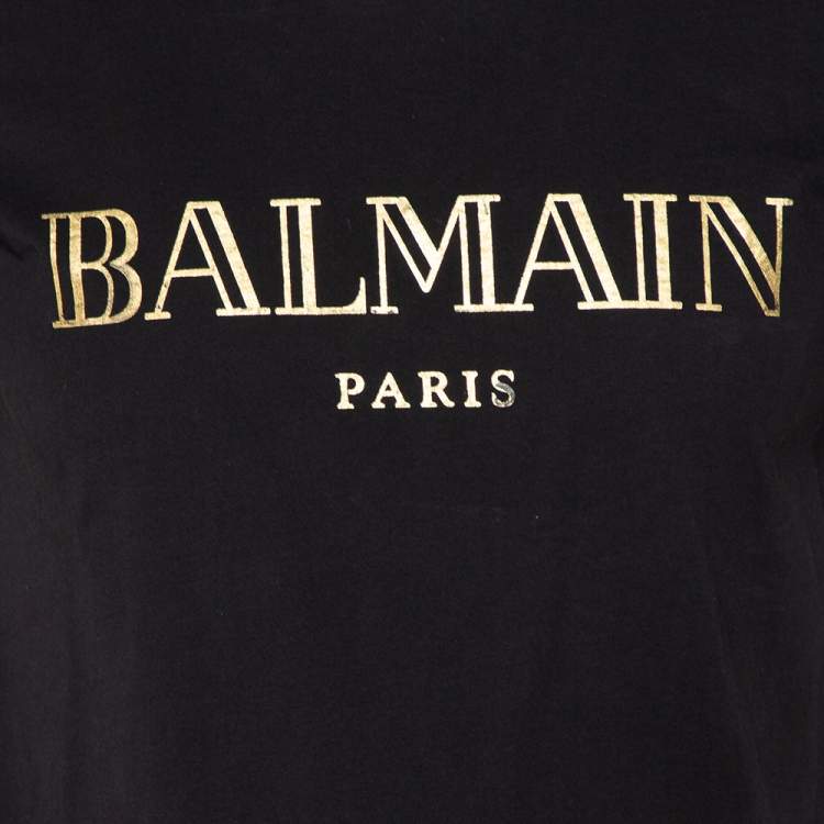 Pre Owned Balmain Black Cotton Metallic Logo Printed Crewneck T-Shirt M