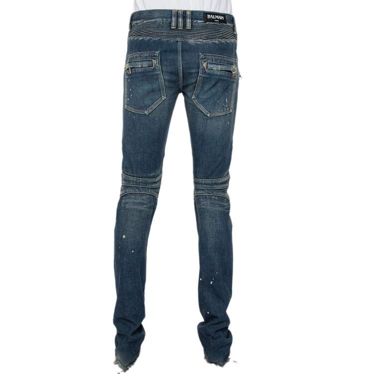 Pre Owned Balmain Navy Blue Denim Biker Jeans M