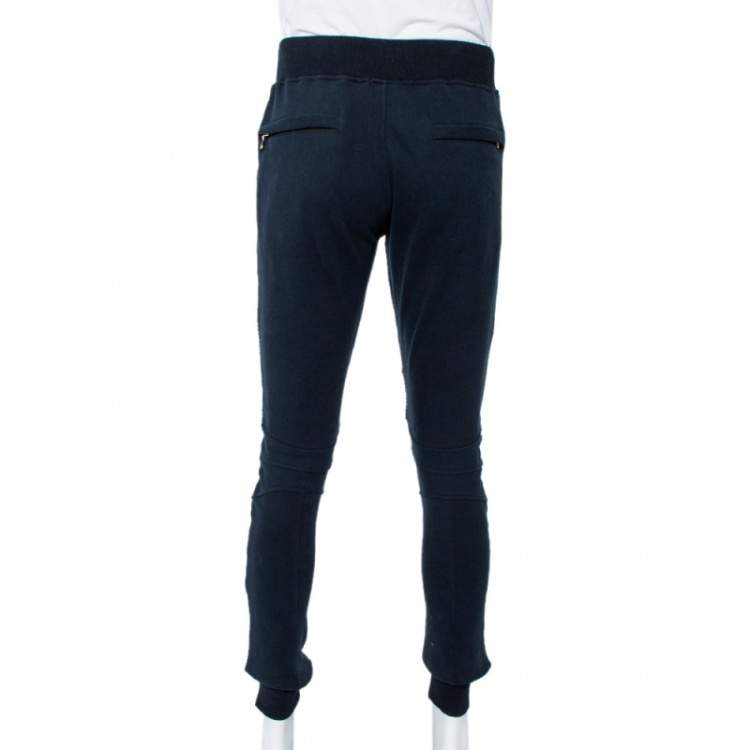 Pre Owned Balmain Navy Blue Logo Printed Cotton Knit Quilted Detail Biker Joggers XL