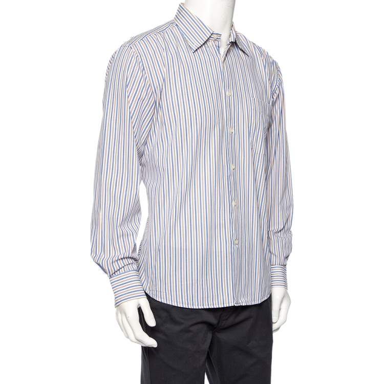 Pre Owned Balmain White Striped Cotton Button Front Shirt L