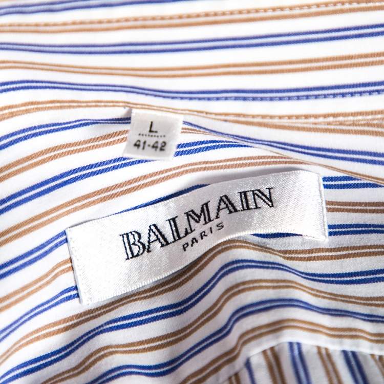 Pre Owned Balmain White Striped Cotton Button Front Shirt L