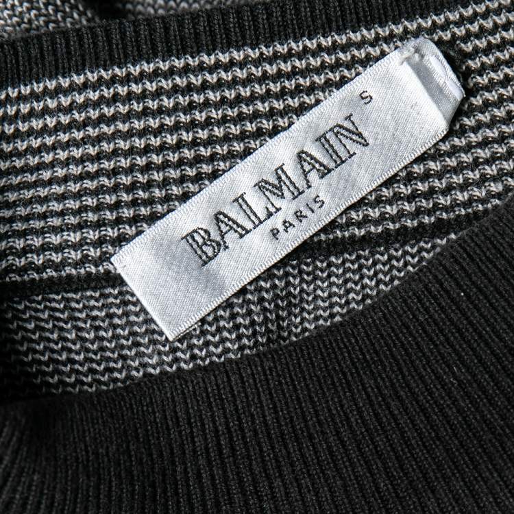 Pre Owned Balmain Grey Wool Knit Contrast Velvet Trim Sweater S