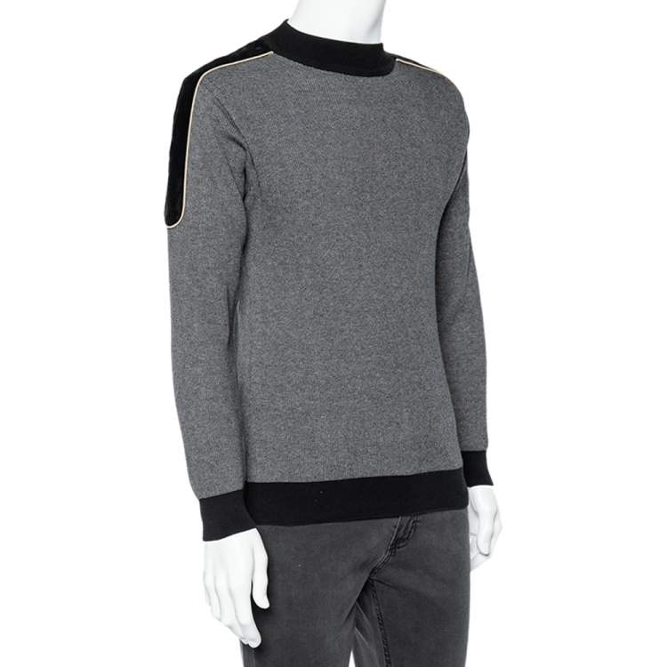 Pre Owned Balmain Grey Wool Knit Contrast Velvet Trim Sweater S