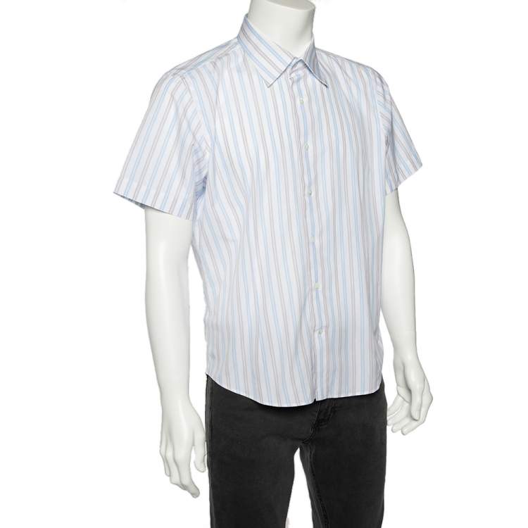 Pre Owned Balmain White Striped Cotton Short Sleeve Shirt L