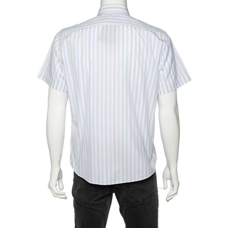 Pre Owned Balmain White Striped Cotton Short Sleeve Shirt L
