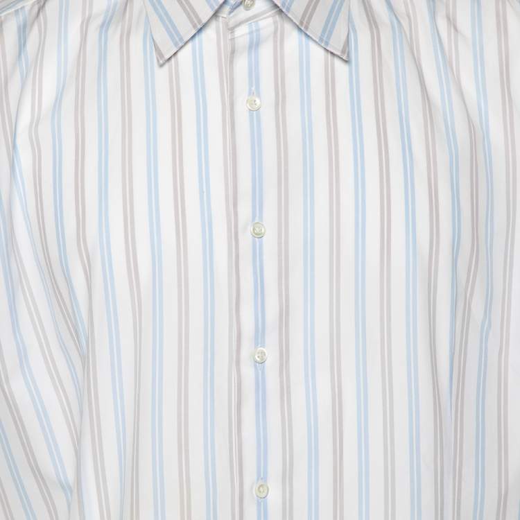 Pre Owned Balmain White Striped Cotton Short Sleeve Shirt L