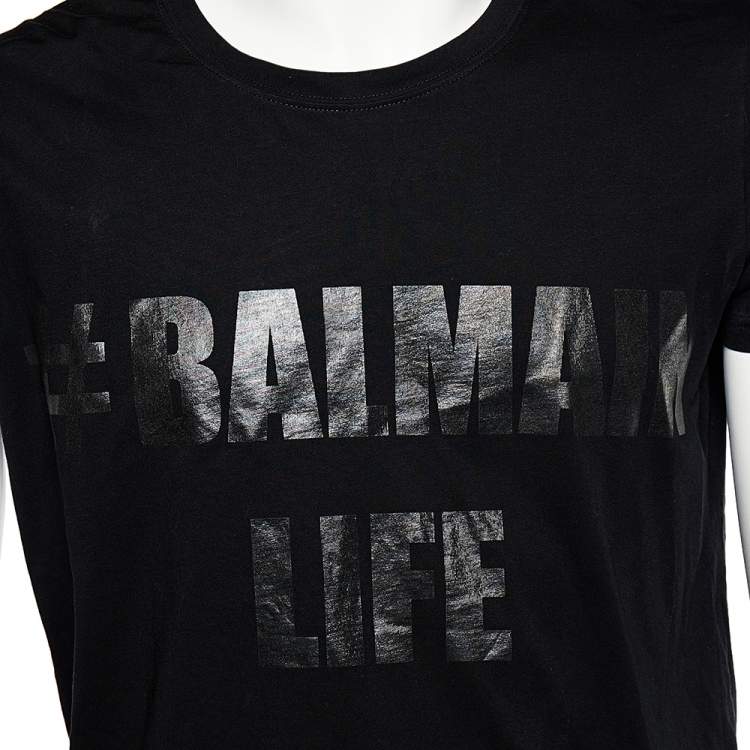 Pre Owned Balmain Black Logo Printed Cotton Crewneck T-Shirt M