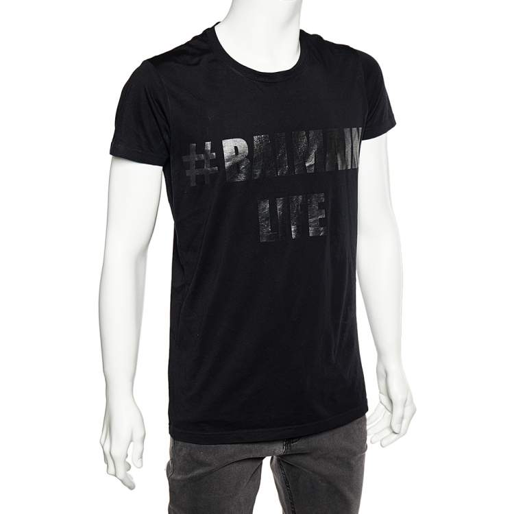 Pre Owned Balmain Black Logo Printed Cotton Crewneck T-Shirt M
