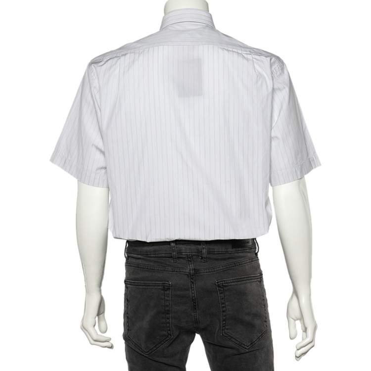 Pre Owned Balmain White Striped Cotton Short Sleeve Shirt L