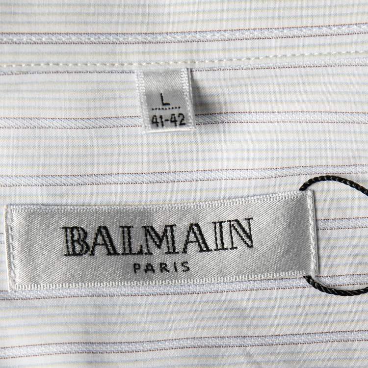 Pre Owned Balmain White Striped Cotton Short Sleeve Shirt L