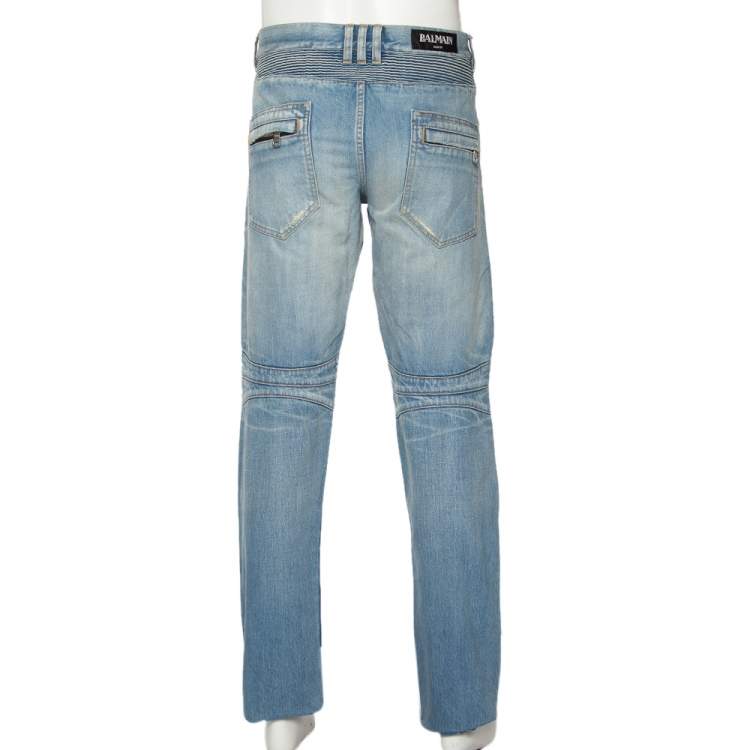 Pre Owned Balmain Blue Denim Ribbed Detailed Slim Fit Biker Jeans XL