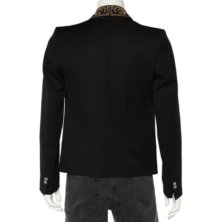 Pre Owned Balmain Black Wool Embellished Neck Open Front Jacket M