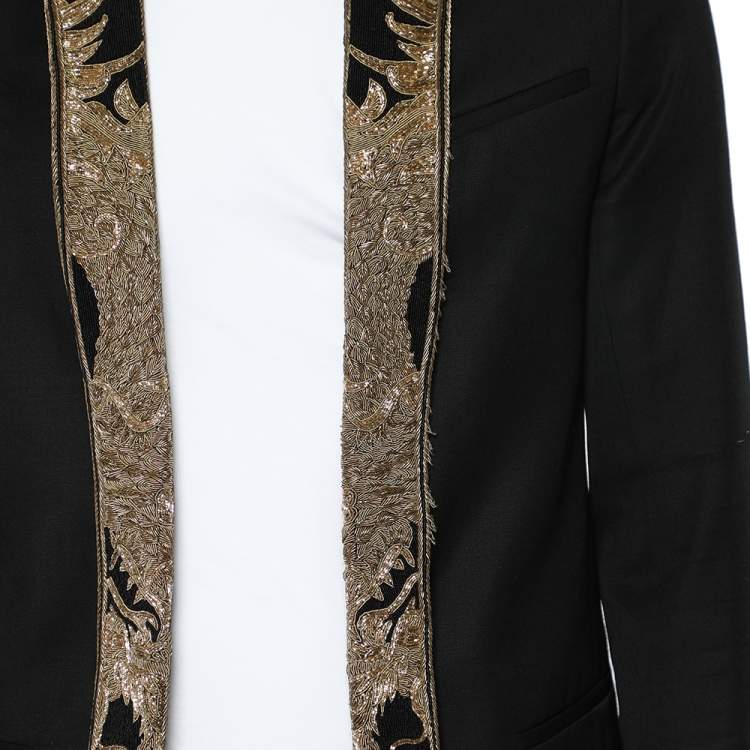 Pre Owned Balmain Black Wool Embellished Neck Open Front Jacket M