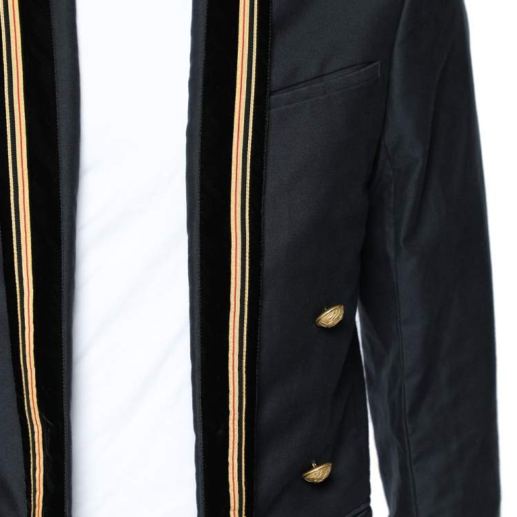 Pre Owned Balmain Navy Blue Cotton Velvet Collar Trim Open Front Jacket M