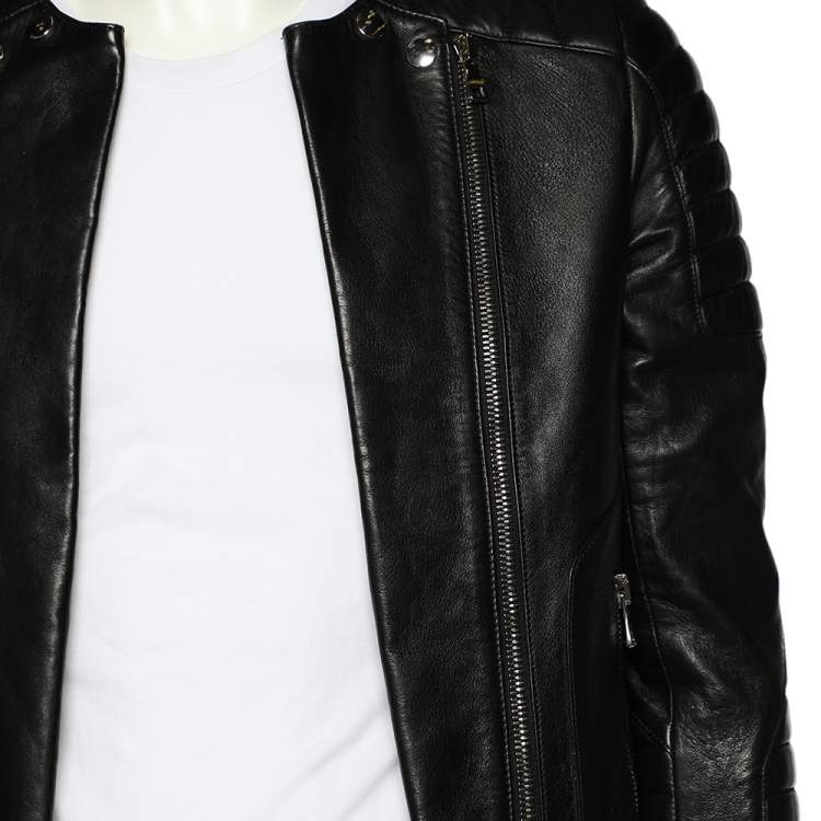 Pre Owned Balmain Black Leather Open Front Biker Jacket S