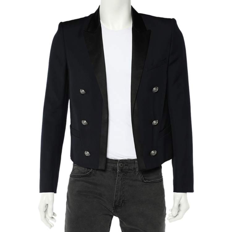 مملوكة مسبقًا Balmain Navy Blue Wool Contrast Trim Open Front Blazer M