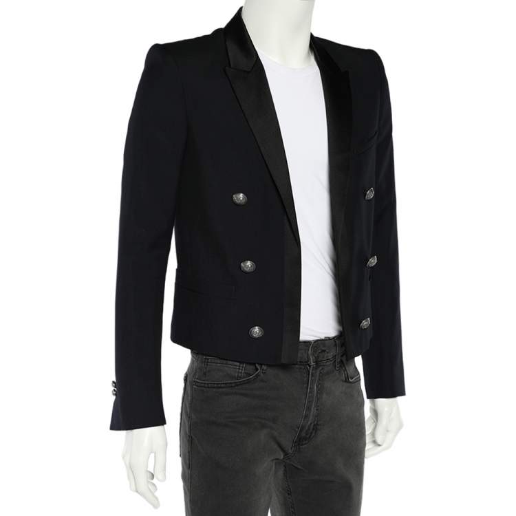 مملوكة مسبقًا Balmain Navy Blue Wool Contrast Trim Open Front Blazer M