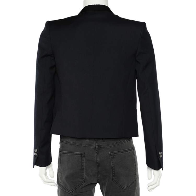 مملوكة مسبقًا Balmain Navy Blue Wool Contrast Trim Open Front Blazer M