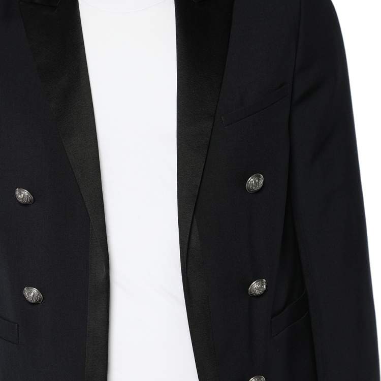مملوكة مسبقًا Balmain Navy Blue Wool Contrast Trim Open Front Blazer M