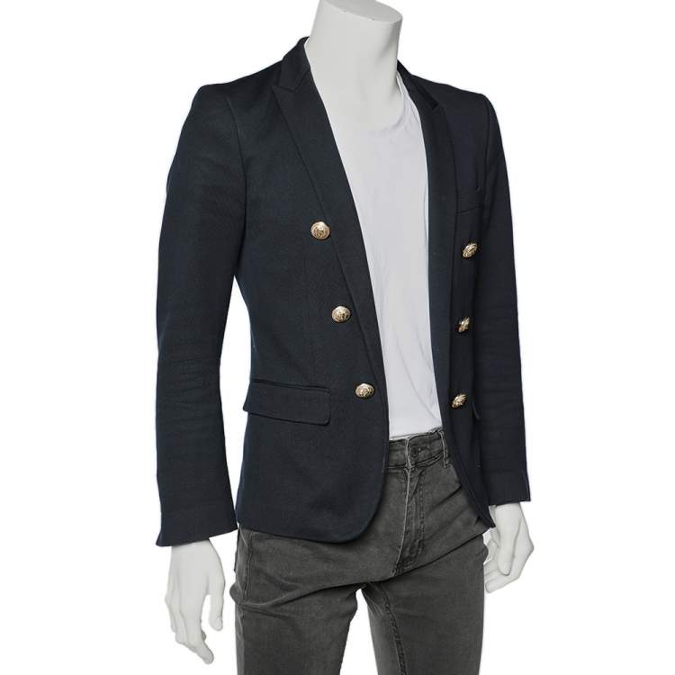 Pre Owned Balmain Blue Cotton Button Detailed Open-Front Blazer M