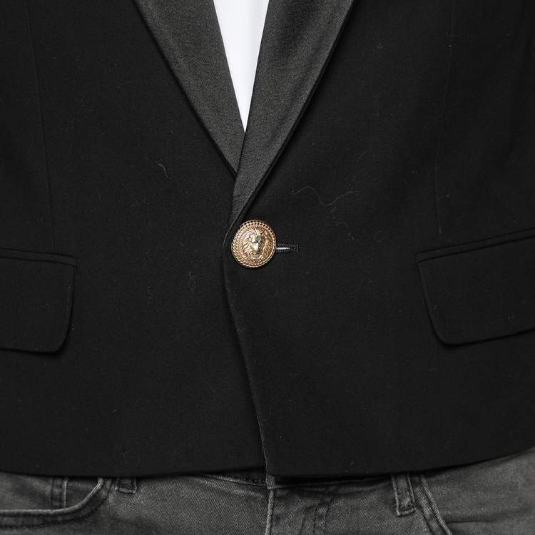 Pre Owned Balmain Black Cotton & Silk Lapel Detailed Cropped Blazer M
