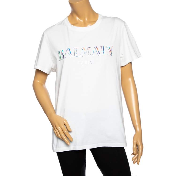 Pre Owned Balmain White Cotton Metallic Logo Printed Crewneck T-Shirt XL