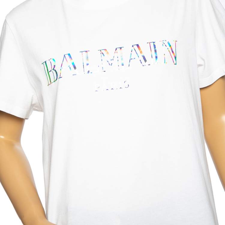 Pre Owned Balmain White Cotton Metallic Logo Printed Crewneck T-Shirt XL