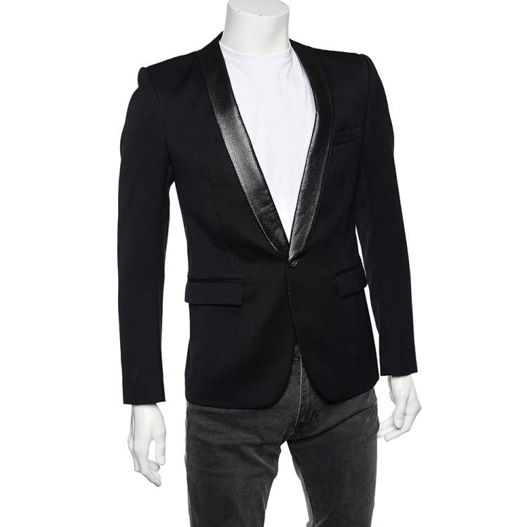 Pre Owned Balmain Black Wool & Leather Trim Shawl Lapel Blazer M