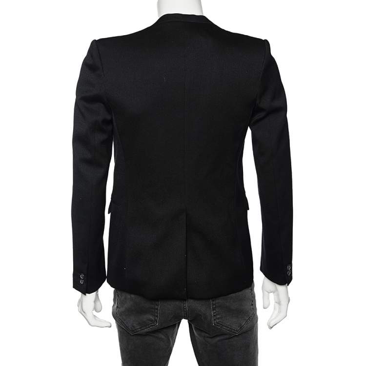 Pre Owned Balmain Black Wool & Leather Trim Shawl Lapel Blazer M