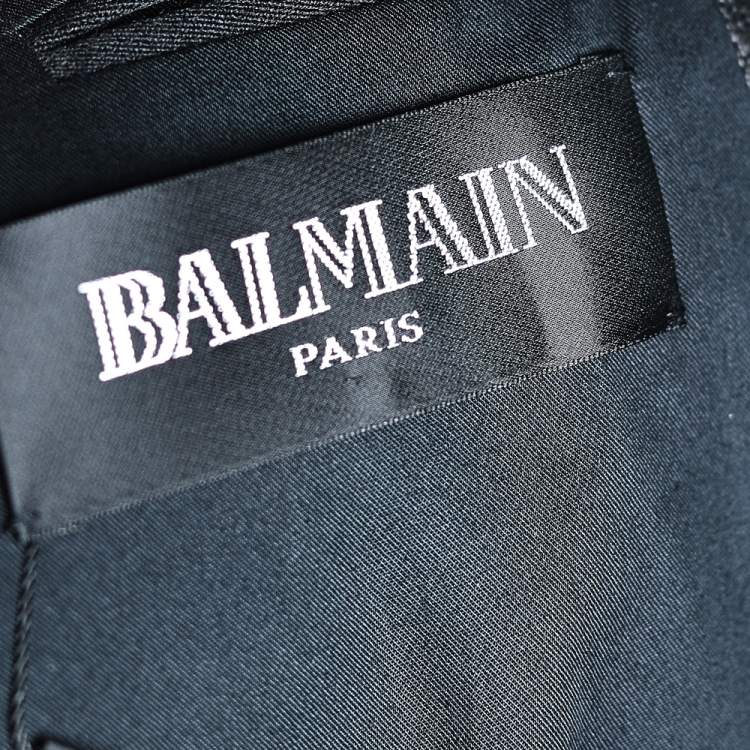 Pre Owned Balmain Black Wool & Leather Trim Shawl Lapel Blazer M