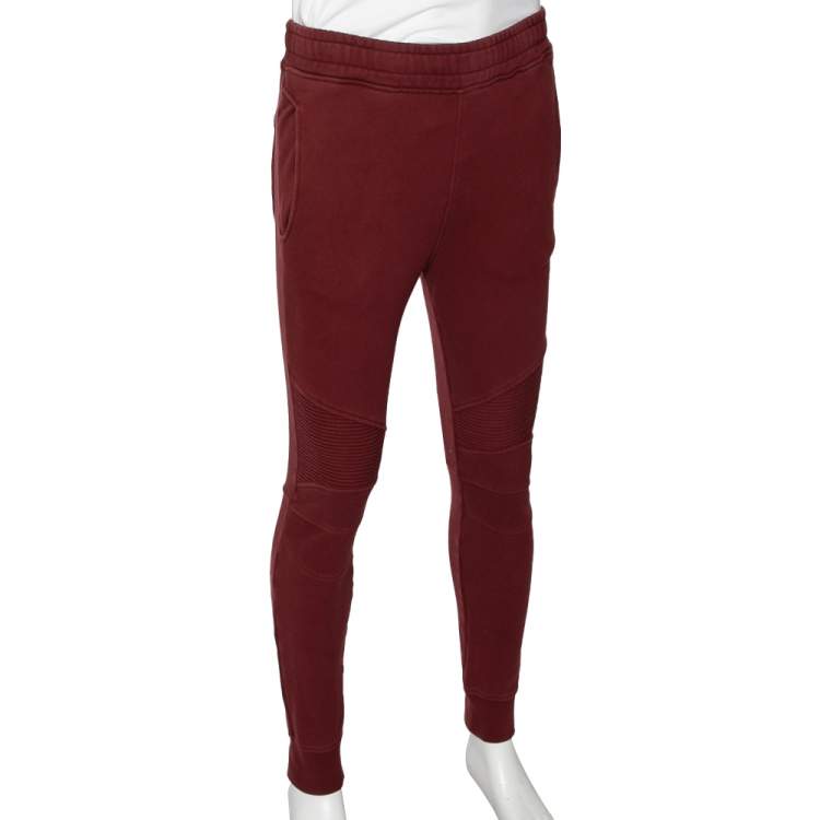 مملوكة مسبقًا Balmain Burgundy Cotton Rib Paneled Biker Track Pants XS