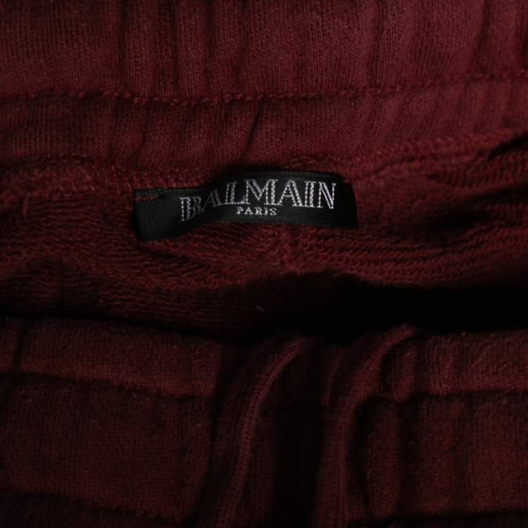 مملوكة مسبقًا Balmain Burgundy Cotton Rib Paneled Biker Track Pants XS