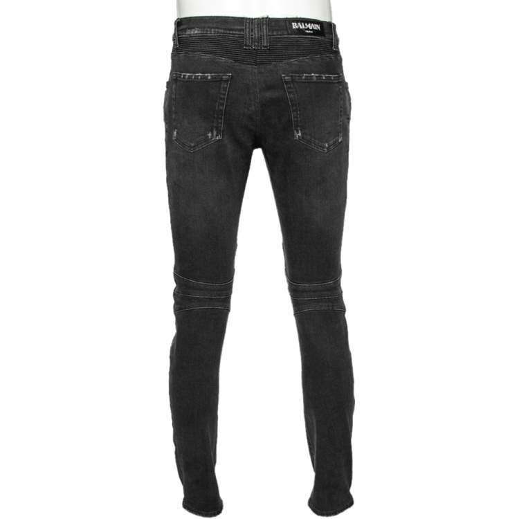 Pre Owned Balmain Charcoal Grey Denim Quilted Detail Biker Jeans M