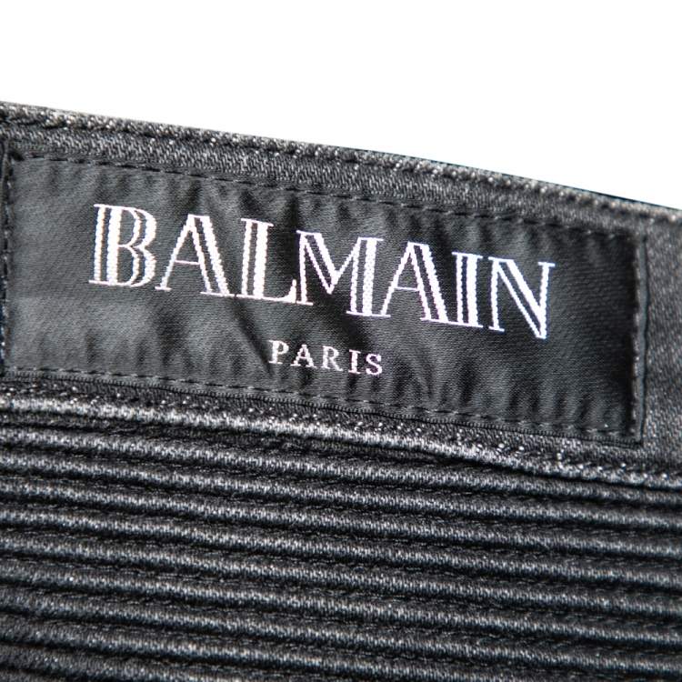 Pre Owned Balmain Charcoal Grey Denim Quilted Detail Biker Jeans M