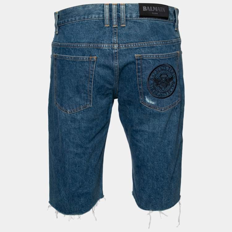 Pre Owned Balmain Blue Distressed Denim Frayed Edge Detail Shorts M