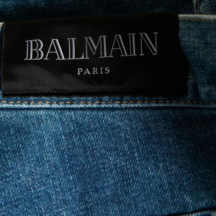 Pre Owned Balmain Blue Distressed Denim Frayed Edge Detail Shorts M