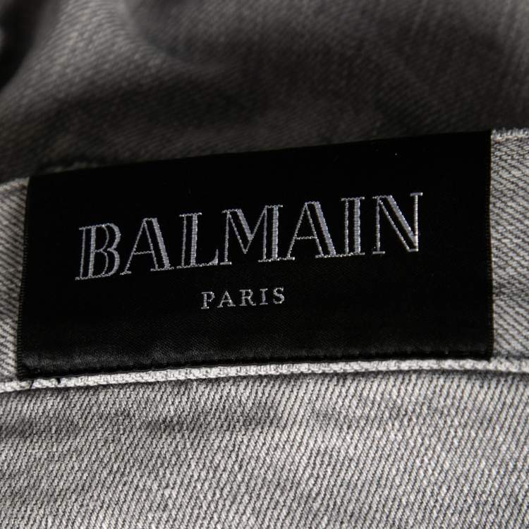 Pre Owned Balmain Grey Distressed Denim Zip Detail Shorts M