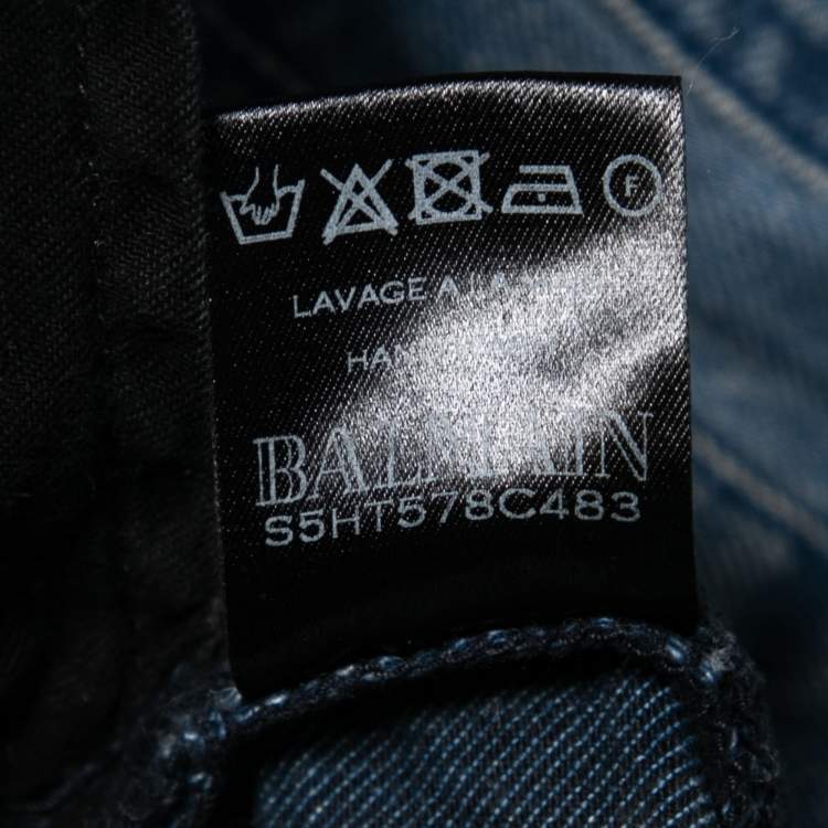 Pre Owned Balmain Blue Distressed Denim Frayed Edged Shorts M