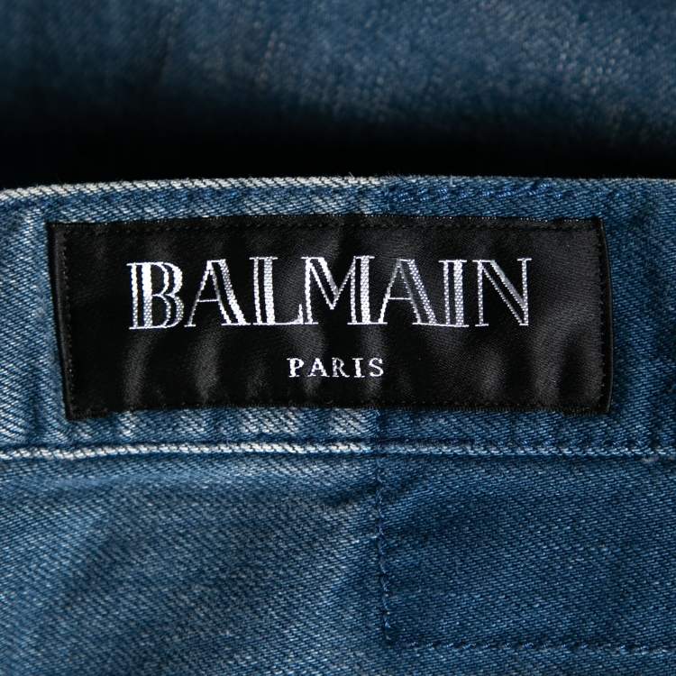 Pre Owned Balmain Blue Distressed Denim Frayed Edged Shorts M