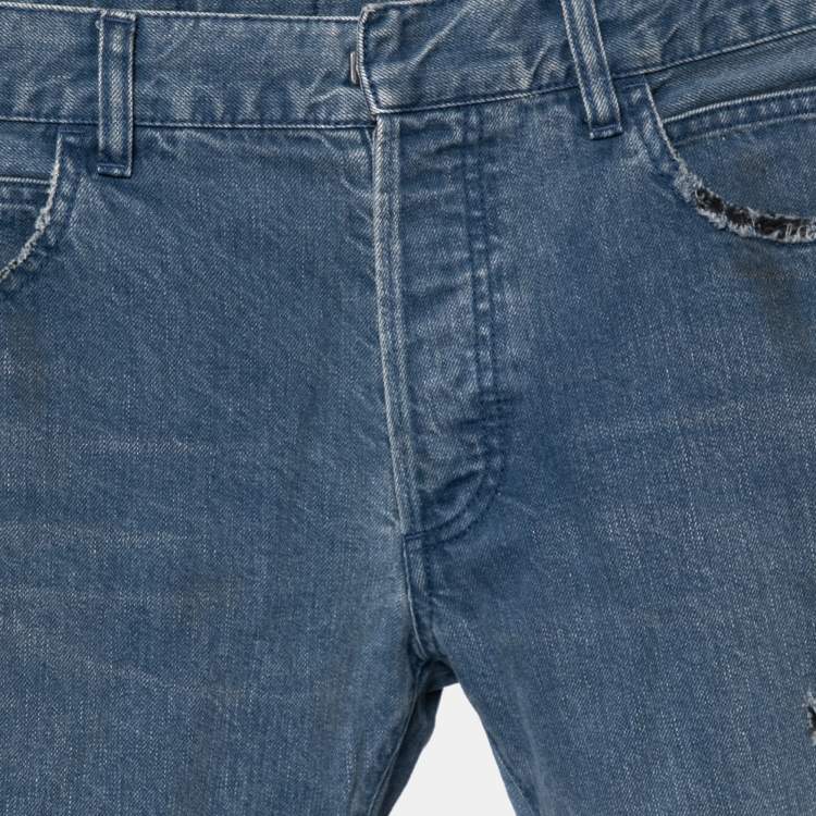 Pre Owned Balmain Blue Distressed Denim Frayed Edged Shorts M