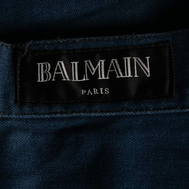 Pre Owned Balmain Blue Denim Frayed Edged Shorts M