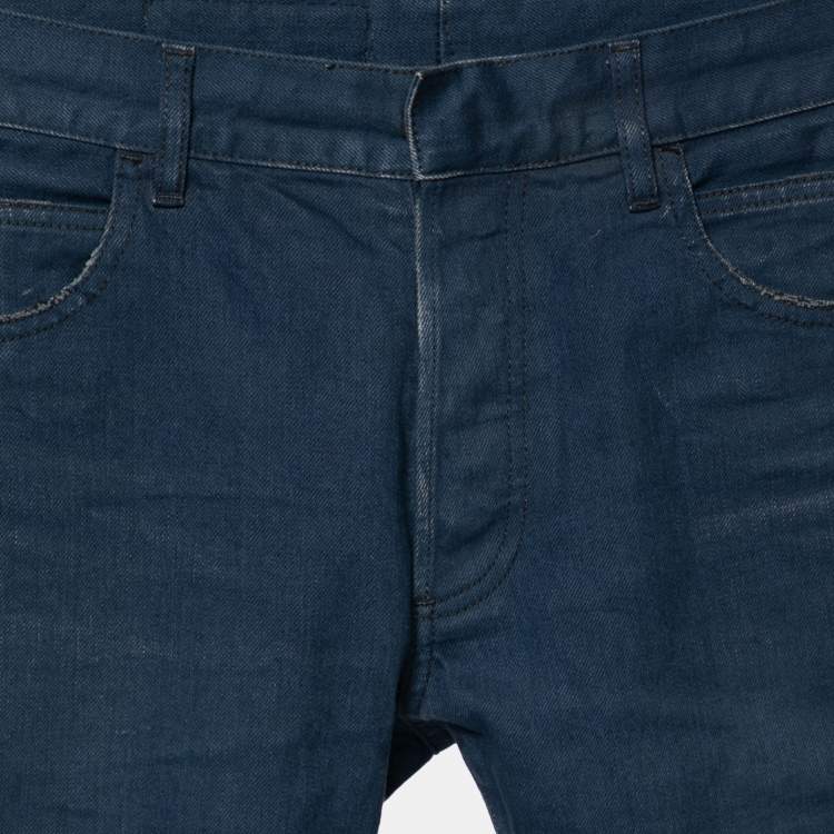 Pre Owned Balmain Blue Denim Frayed Edged Shorts M