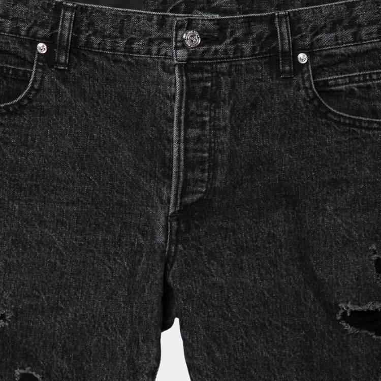 Pre Owned Balmain Grey Distressed Denim Logo Embroidered Shorts M
