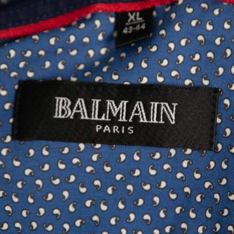 Pre Owned Balmain Blue Printed Cotton Logo Embroidered Button Front Shirt XL
