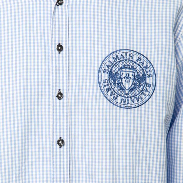 Pre Owned Balmain Blue Checked Linen & Cotton Logo Embroidered Button Down Shirt XL